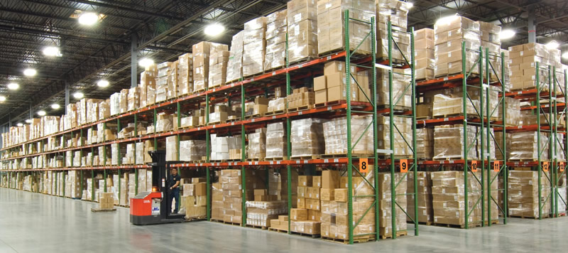 Pallet rack rows and forklift aisles for warehouse storage